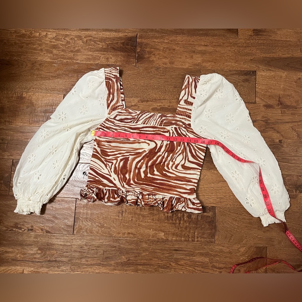 Anthro. Love the Label Smocked Zebra Blouse with Eyelet Puff Sleeves, M - Picture 14 of 15